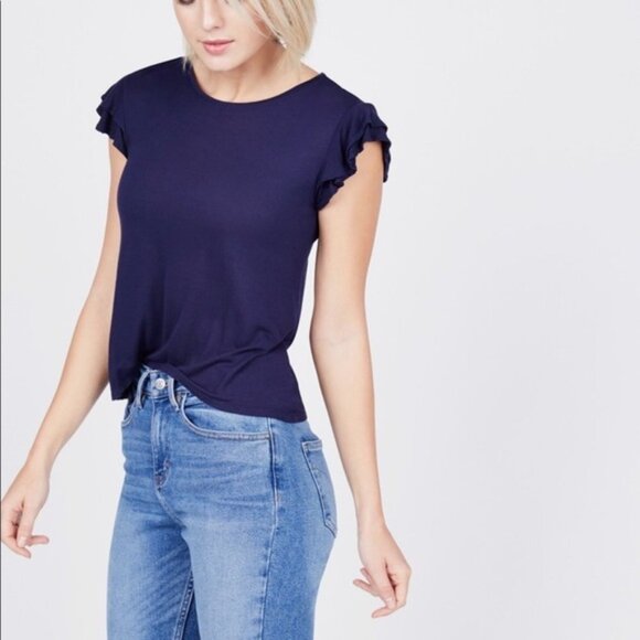 NEW C&C California Super Soft Ruffle Sleeve Navy Tee Sz. M - Picture 1 of 5